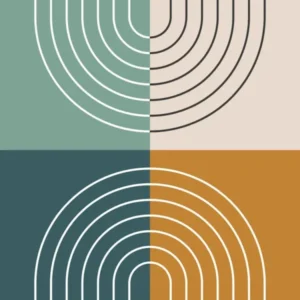 Abstract Rainbow Line and Colour Blocks I in Gold Beige Forest Sage Green, Midcentury Modern Design