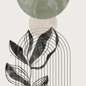 Boho Botanical Art, Sage Green, Black and Beige Mid-Century Modern, Abstract Line