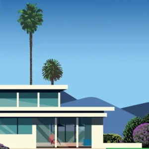 Florida, USA. Villa with pool — City Pop art, retrowave/vaporwave poster, 80s, aesthetic poster
