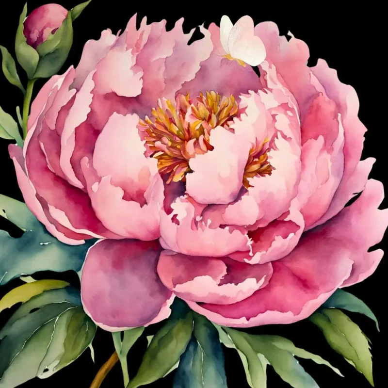 Pink Peony Watercolor Painting Blooming Spring Flowers in the Garden