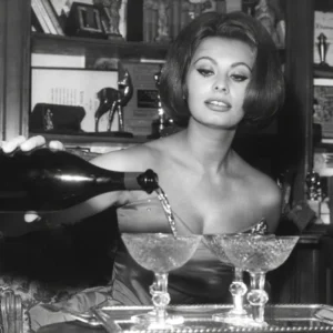 Sophia Pouring Champagne, Vintage Black and White Old Photo, Bar Cart Decor