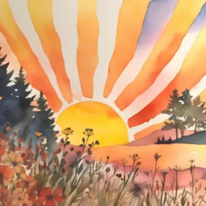 Sunset In the Mountains, Boho Landscape, Wildflowers 1