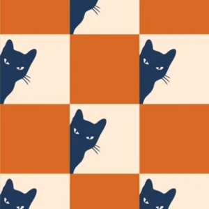 Playful Checker Board Cat Peeping Pattern 3 In Navy Blue Burnt Orange 01