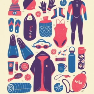 Retro Wild Swimming Kit in Blue, Pink and Cream | Vintage Open Water Swim Poster | Sport and Outdoor Nostalgic Graphic Illustration