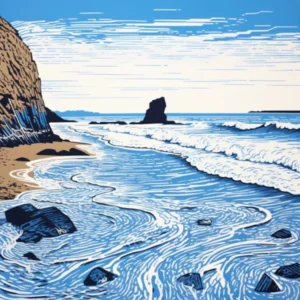 Linocut Of Barafundle Bay Beach Pembrokeshire Wales 1