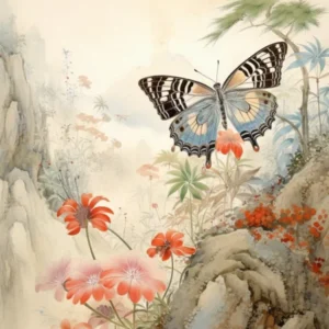 Butterfly With Mountaneous Landscape Japanese Style Painting 3
