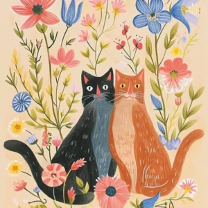 Folksy Floral Animal Drawing Cat 5