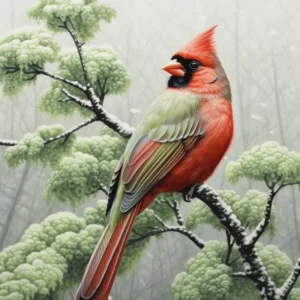 Ohara Koson Inspired Bird Painting Northern Cardinal 2