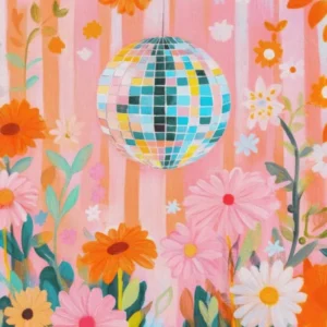 Retro Flowers Disco Ball Wall Art 70s Style Home Decor, Colorful Mirror Ball Print for Boho Bedroom, Whimsical Flower Garden Botanical Art for Eclectic Living Room, Funky Disco Trendy Floral Artwork