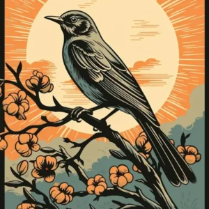 Vintage Bird Linocut Mockingbird 1