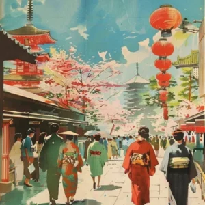Traditional Tokyo Scene Mid Century Modern