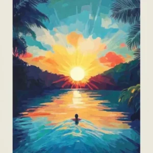 Into the water I go to lose my mind and find my soul swimmer in Sunset, wanderlust aesthetic artwork in blues and golds in the style of vintage travel posters for nature lovers, landscape wall art for bathrooms, coastal decor and calm spaces 3