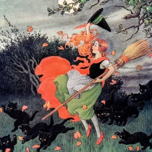 A Witch and Black Cats Catch Autumn Leaves - Ida Rentoul Outhwaite - 1921 Vintage Art Deco Era Witchy Fall Pagan Fairytale Witchcore Fairycore Windy Day Witches Hat Broomstick