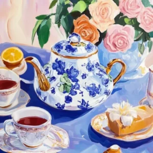 Floral Tea Setting with Roses and Cake