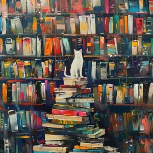White Cat In The Library - Standing On A Rack Of Books