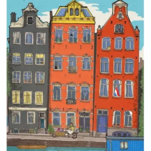 Amsterdam Canal Houses - Dutch Cityscape Wall Art - Retro Netherlands Illustration
