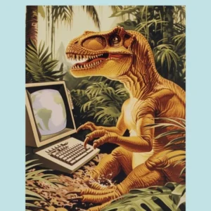 Dinosaur At A Computer Retro Collage 2 Poster