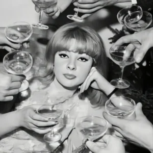 Woman Surrounded By Champagne Wall Art, Black And White Art, Retro Party, Vintage Photo, Funny Alcohol Art, Feminist Poster, Bar Cart Print