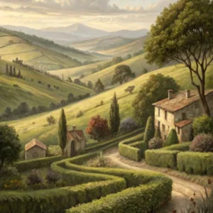 Oil Painting Style Old World Hills With Fields