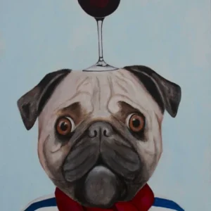 Pug With Wineglass Blue & Brown