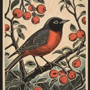 Vintage Bird Linocut European Robin 2