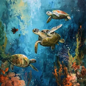 Sea Turtles With A Coral Reef Expressionism Style Painting 6