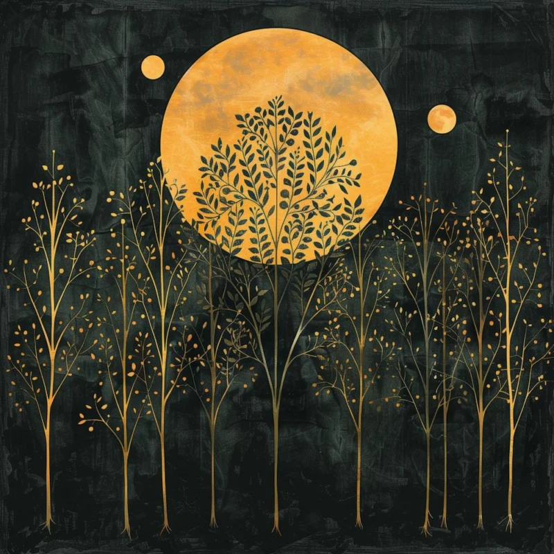 William Morris Inspired Vintage Yellow Moon Night Forest