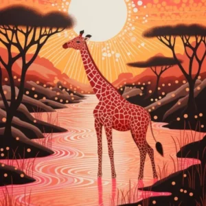 Giraffe In The River At Sunrise 2