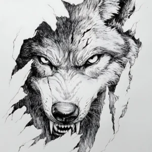 Angry Wolf Watching from Wall Hole 21
