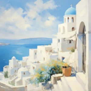 Santorini Art Painting, Greek Old Town Cityscape Painting, Mediterranean Landscape, Neutral Vintage Oil Painting, Digital Download