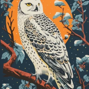 Vintage Bird Linocut Snowy Owl 1
