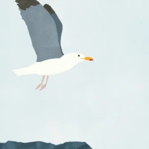 Seagull in Flight Blue and Grey Minimalist Coastal Illustration