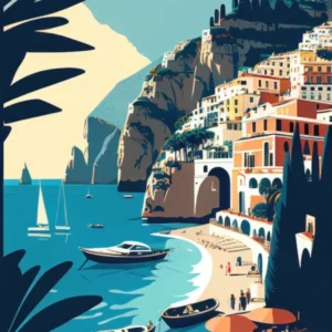 Positano, Amalfi Coast, Italy - Retro Landscape Beach and Coastal Theme Travel Poster