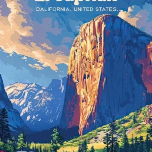 El Capitan Yosemite National Park Sunset Digital Travel Illustration