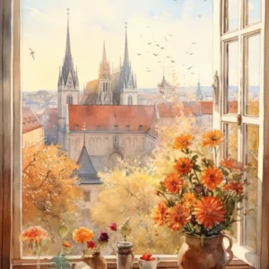 Window View Of Bratislava Slovakia In Autumn Fall, Watercolour 1