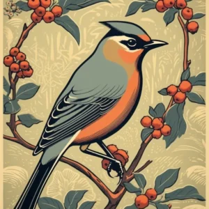 Vintage Bird Linocut Cedar Waxwing 2