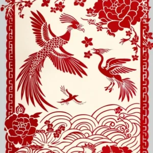 Chinese Papercut Art In Red And White Colors Depicts ，It Uses Simple Lines And Simple Details With A Flat Design And Simple Shapes To It Includes Elements Such As Flowers, Birds, Auspicious Clouds, Creating A Festive Atmosphere For C