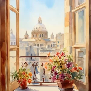 Window View Of Valletta Malta In Autumn Fall, Watercolour 3