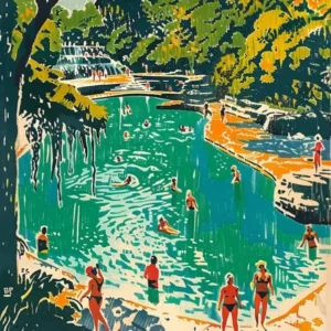 Barton Springs Pool Austin Texas Colourful Blockprint 1