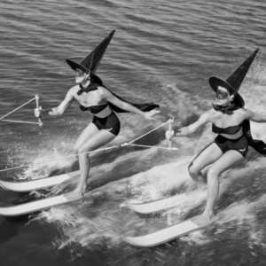 Waterskiing Witches Vintage Black and White Photo
