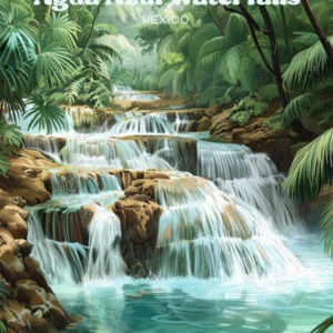 Agua Azul Waterfalls Nature Travel Art Illustration