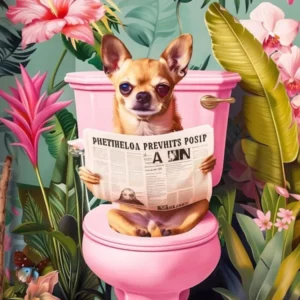 Funny Chihuahua Dog Bathroom Print, Dog In Toilet Print, Cute Dog Poster, Tropical Bathroom Wall Art, Chihuahua Lovers Art, Dog Owners Gift