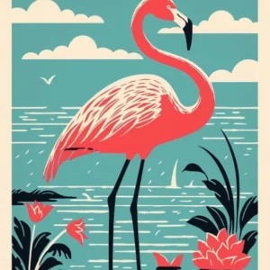 Vintage Bird Linocut Greater Flamingo 5