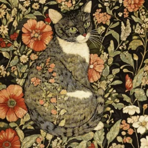 Whimsical Floral Black Cat Vintage Botanical Garden, Folk-Inspired Nature Wall Decor for Cottagecore, Boho, Eclectic Bedrooms, Living Rooms, Botanical Flower Garden Animal Print Nature Lover