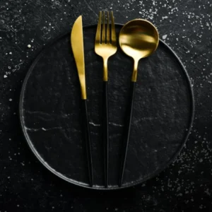 Cutlery and black plate — Food kitchen poster/blackboard, photo art