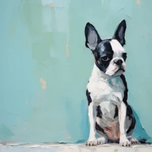 Boston Terrier Dog, Painting In Light Teal And Brown 1
