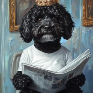 Black Cockapoo Wearing A Crown And Sitting On The Toilet Bathroom