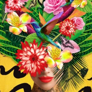 Mother Nature With Humming Bird Flowers And Tattoo In Gold, Yellow, Portrait of a Woman, Tropical, Floral