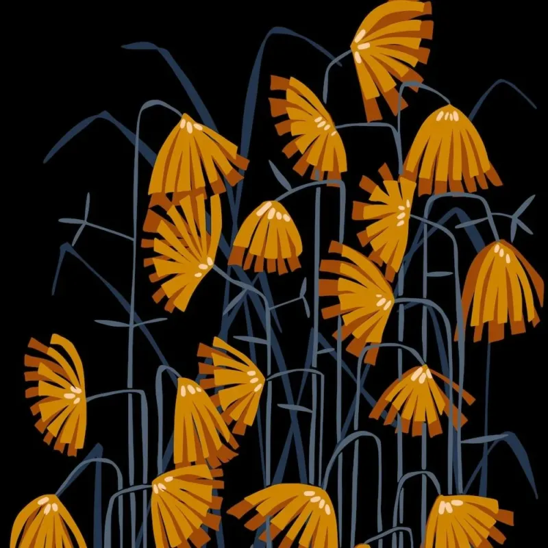 Linocut Flower Meadow Mustard Black