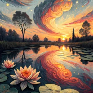Van Gogh Lotus Pond Sunset Sky & Water Reflections